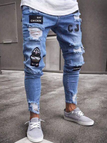 Embroidered Distressed Casual Skinny Denim Jeans - Blue