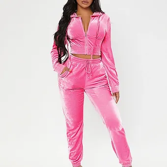 Zip Up Drawstring Velvet Hooded Jacket & Sweatpants