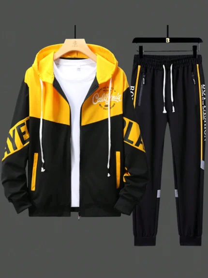 2pcs Men Color Letter Print Jacket And Pants Set