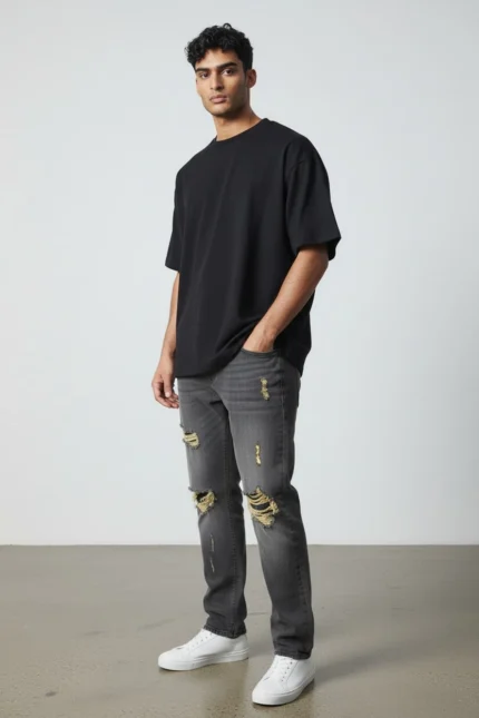 Gray Damage long Bottom Jeans