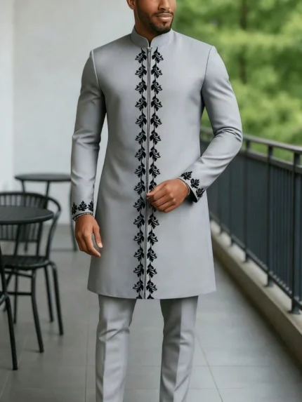 African Men's 2Pcs Set Long Sleeve Embroidered Suit