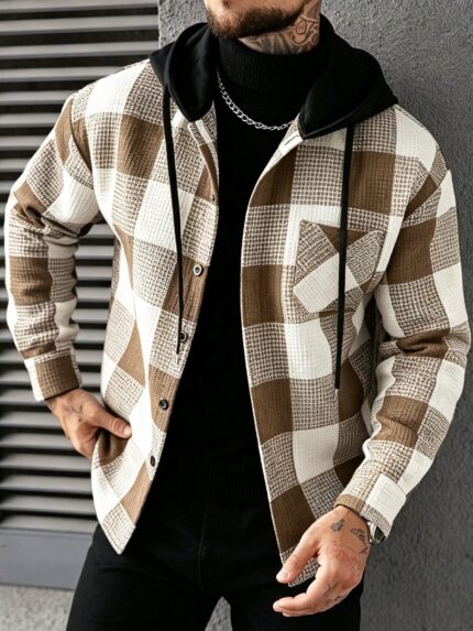 Earth Toned Hooded Block Plaid Long Sleeve