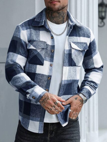 Men's Plaid Print Button Front Pocket Jacket